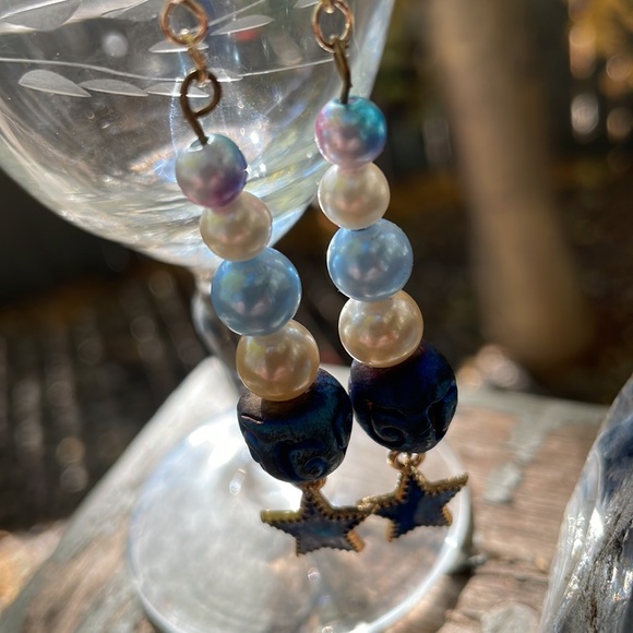Handmade Beaded Earrings w Blue on Golden Enamel Charm New & Upcycled Beads - Picture 4 of 5